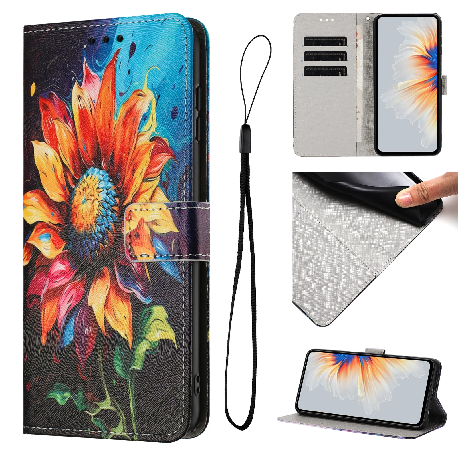 For Oppo Reno14 Pro 5G (China) / Oppo Reno14 Pro 5G (Global) Wallet Case Pattern Printing PU Leather Phone Cover with Lanyard - Sunflower - Image 3