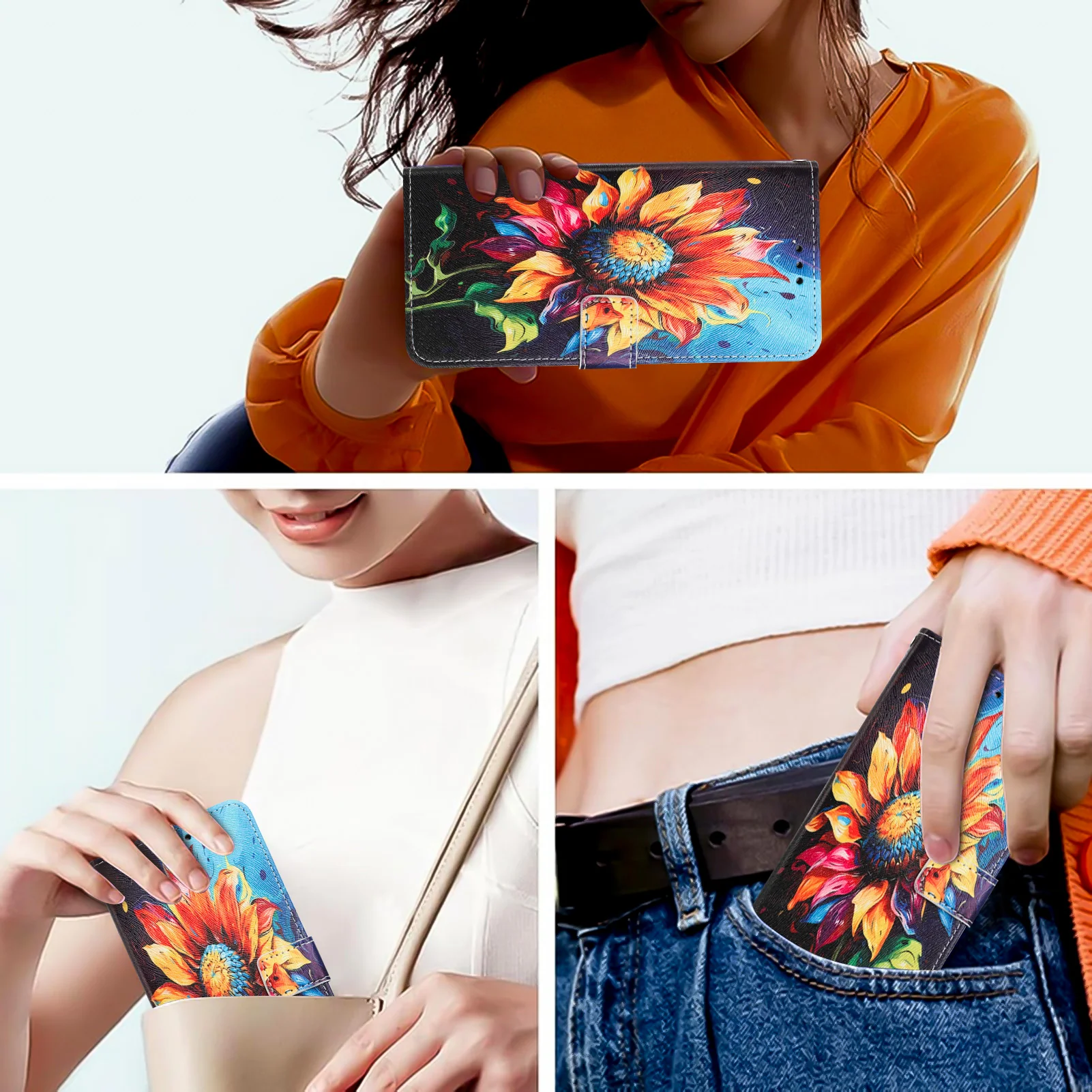 For Oppo Reno14 Pro 5G (China) / Oppo Reno14 Pro 5G (Global) Wallet Case Pattern Printing PU Leather Phone Cover with Lanyard - Sunflower - Image 7