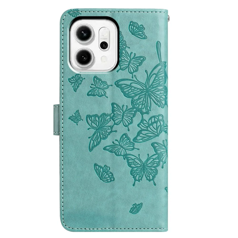 For Oppo Reno14 Pro 5G (Global) Case Butterfly Imprinted Wallet Stand PU Leather Flip Phone Cover with Strap - Green - Image 5