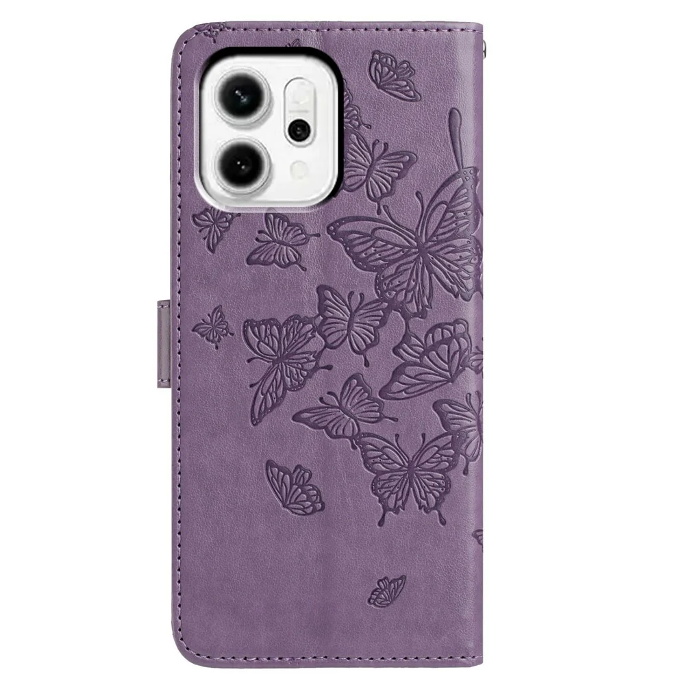 For Oppo Reno14 Pro 5G (Global) Case Butterfly Imprinted Wallet Stand PU Leather Flip Phone Cover with Strap - Purple - Image 5