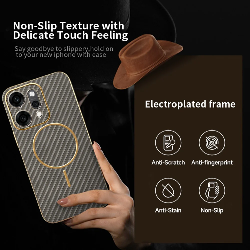 For Oppo Reno14 Pro 5G (Global) Case Carbon Fiber Textured Electroplated TPU Back Cover - Coffee - Image 3
