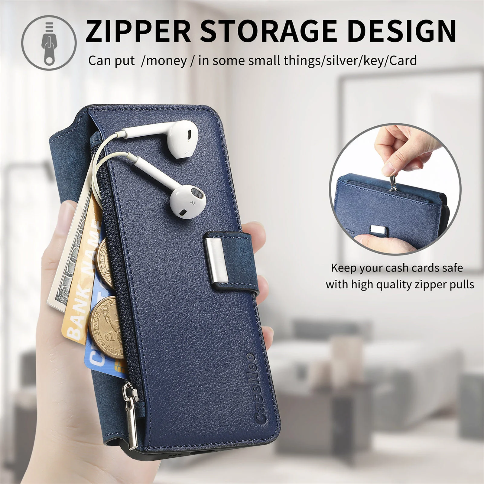 For Oppo Reno14 Pro 5G (Global) Case CASENEO MW-02 Detachable Magnetic Leather Flip Phone Cover - Dark Blue - Image 7