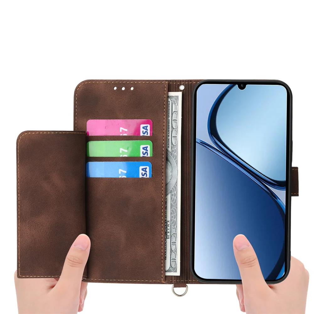 For Oppo Reno14 Pro 5G (Global) Case Flower Pattern PU Leather Wallet Phone Cover with Strap - Brown - Image 5