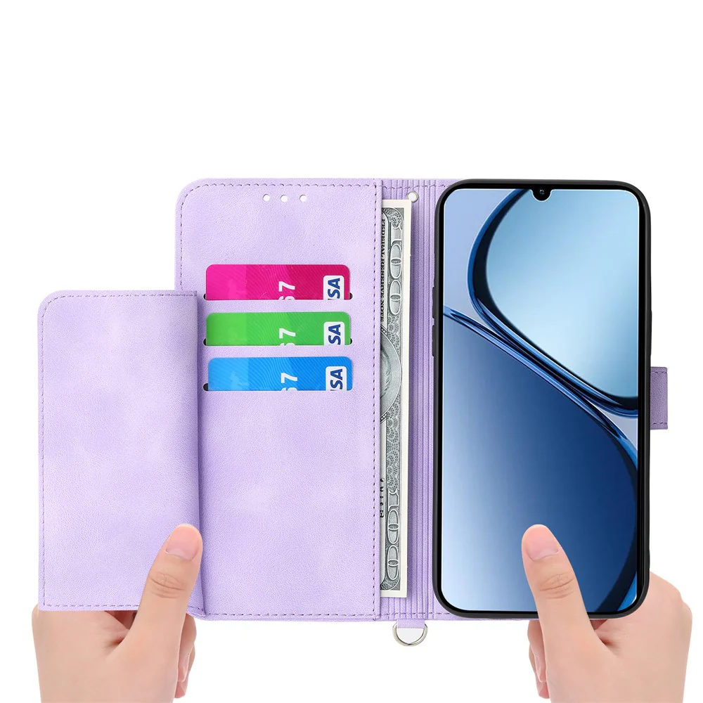 For Oppo Reno14 Pro 5G (Global) Case Flower Pattern PU Leather Wallet Phone Cover with Strap - Light Purple - Image 5