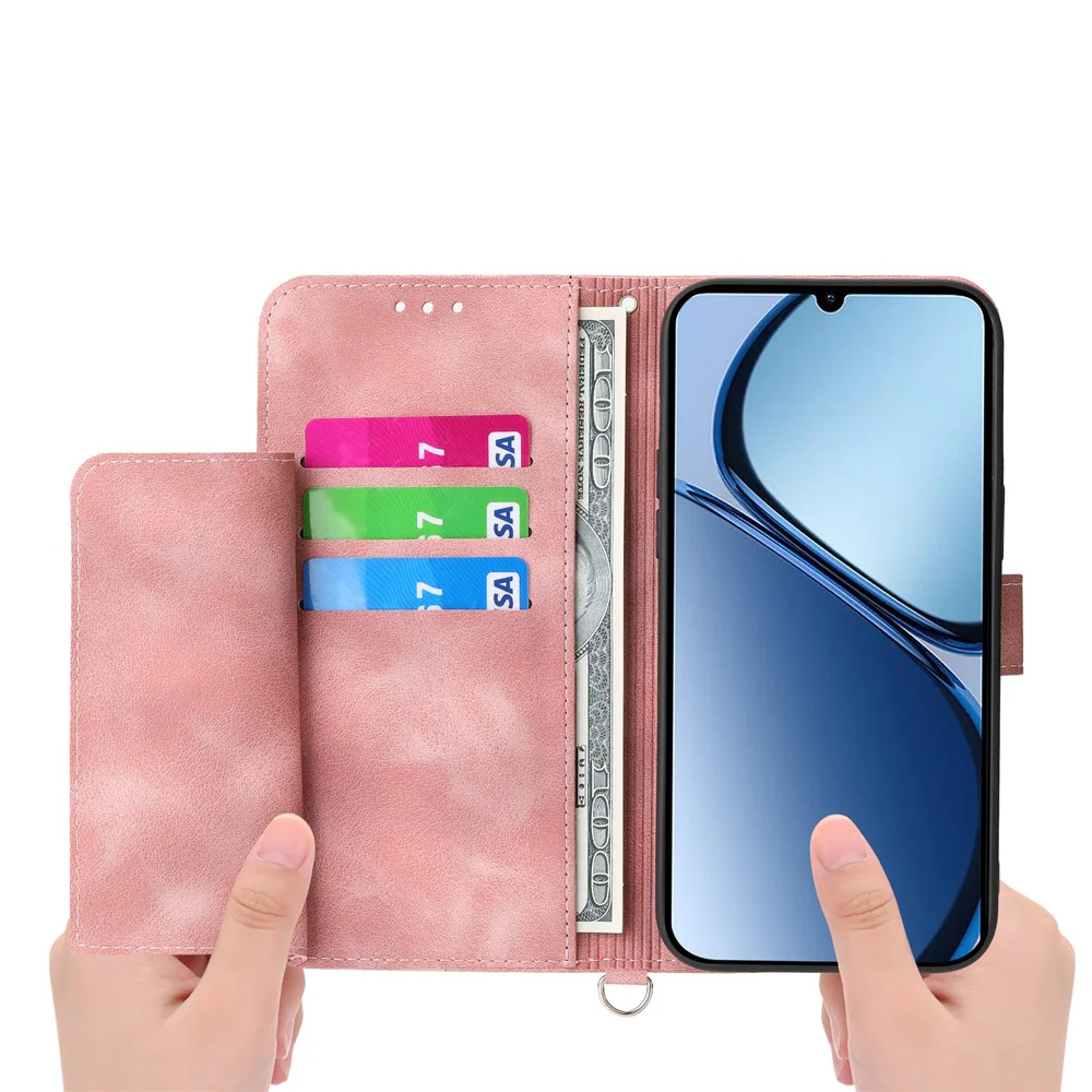 For Oppo Reno14 Pro 5G (Global) Case Flower Pattern PU Leather Wallet Phone Cover with Strap - Pink - Image 5