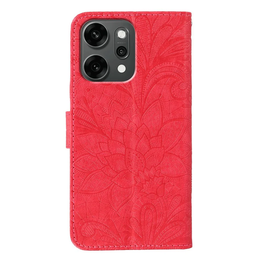 For Oppo Reno14 Pro 5G (Global) Case Lace Flowers PU Leather Flip Wallet Phone Cover - Red - Image 5