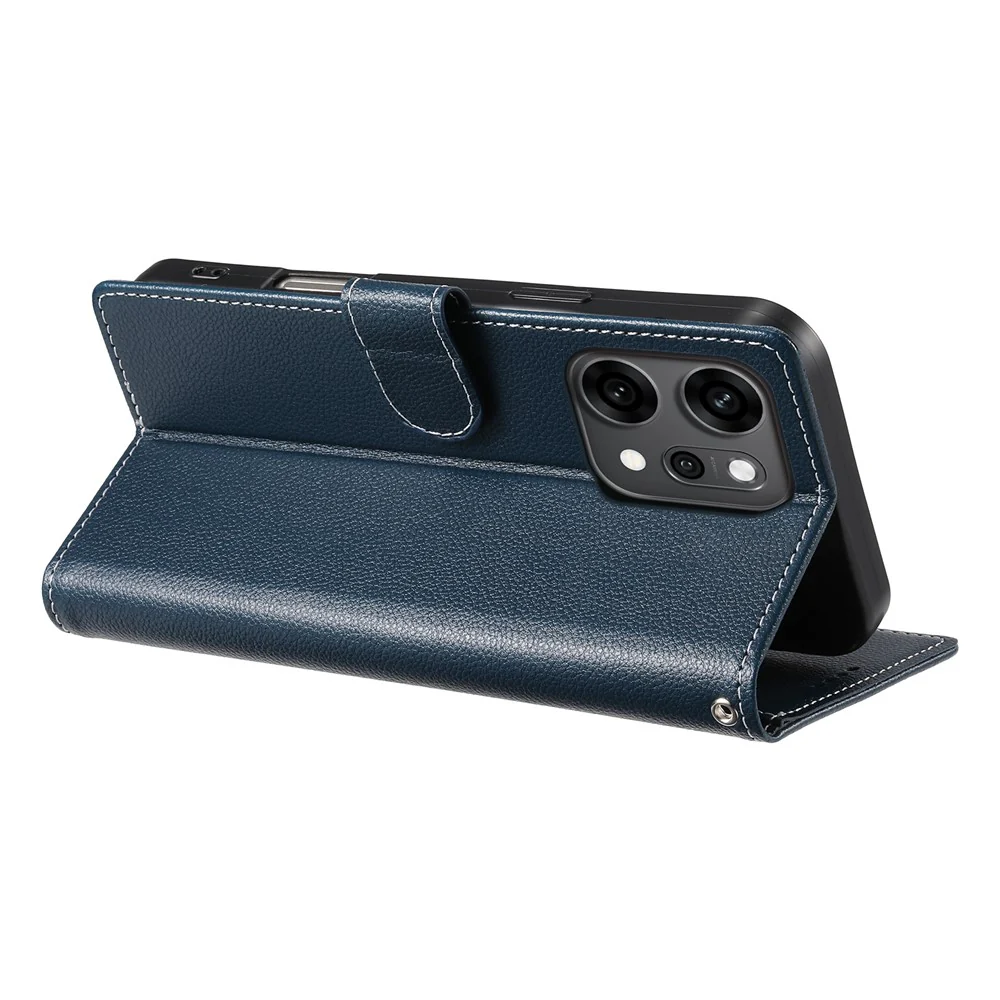 For Oppo Reno14 Pro 5G (Global) Case Magnetic Snap Litchi Texture Leather Wallet Phone Cover with Wrist Strap - Dark Blue - Image 3