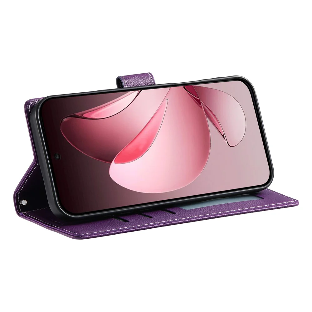 For Oppo Reno14 Pro 5G (Global) Case Magnetic Snap Litchi Texture Leather Wallet Phone Cover with Wrist Strap - Purple - Image 4
