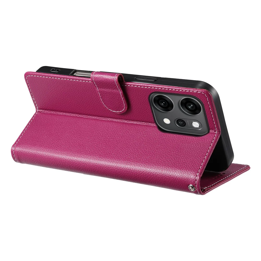 For Oppo Reno14 Pro 5G (Global) Case Magnetic Snap Litchi Texture Leather Wallet Phone Cover with Wrist Strap - Rose - Image 3