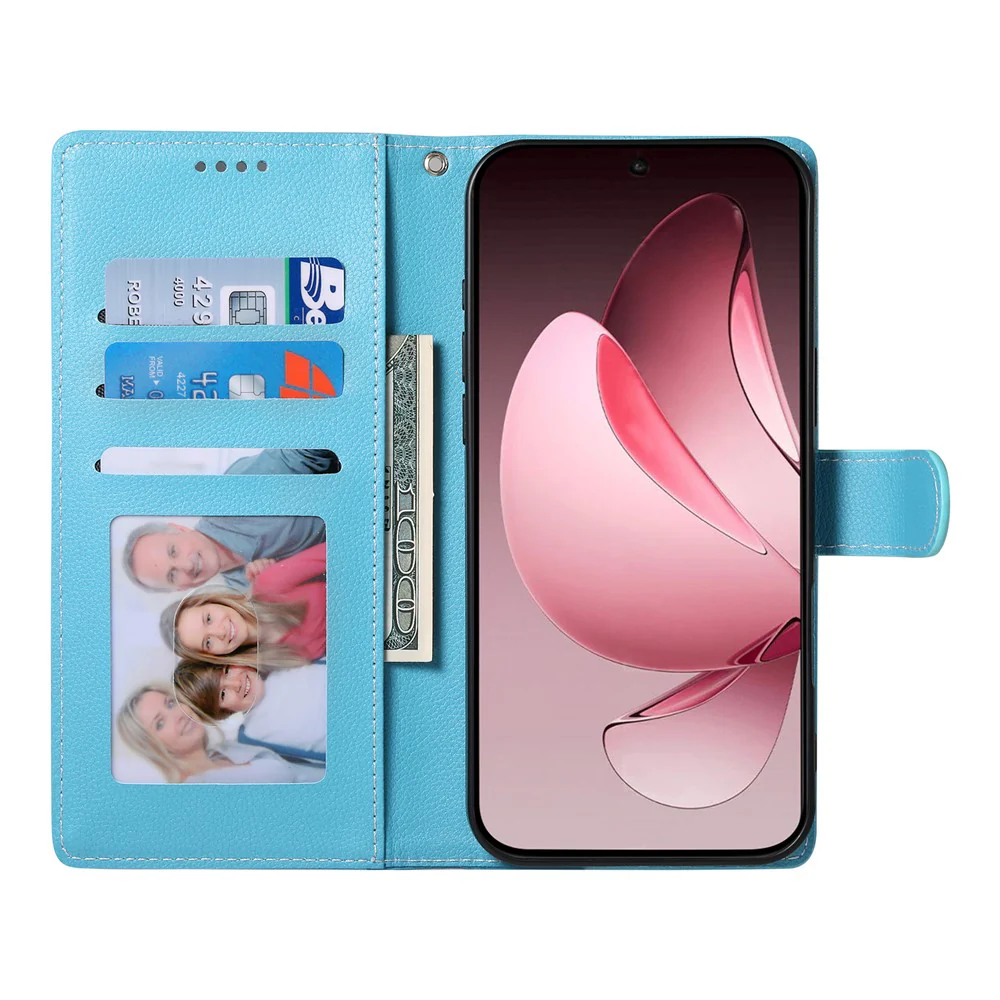 For Oppo Reno14 Pro 5G (Global) Case Magnetic Snap Litchi Texture Leather Wallet Phone Cover with Wrist Strap - Sky Blue - Image 2