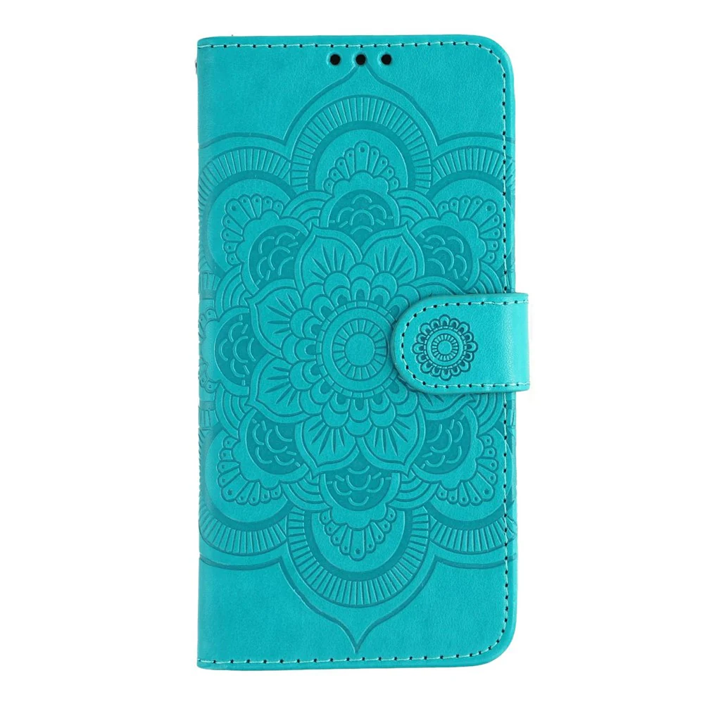 For Oppo Reno14 Pro 5G (Global) Case PU Leather Mandala Imprinted Design Wallet Phone Cover with Wrist Strap - Blue - Image 4