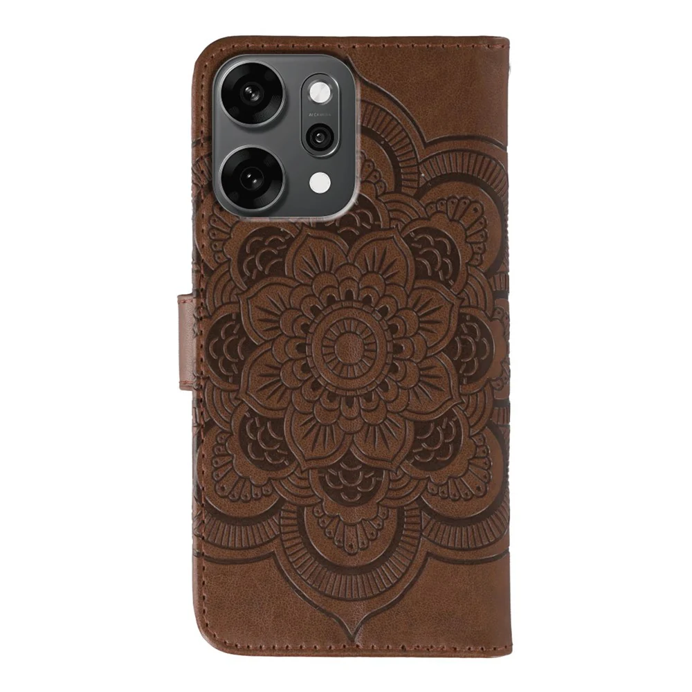 For Oppo Reno14 Pro 5G (Global) Case Rhinestone Decor PU Leather Mandala Imprinted Design Phone Cover with Wrist Strap - Brown - Image 5