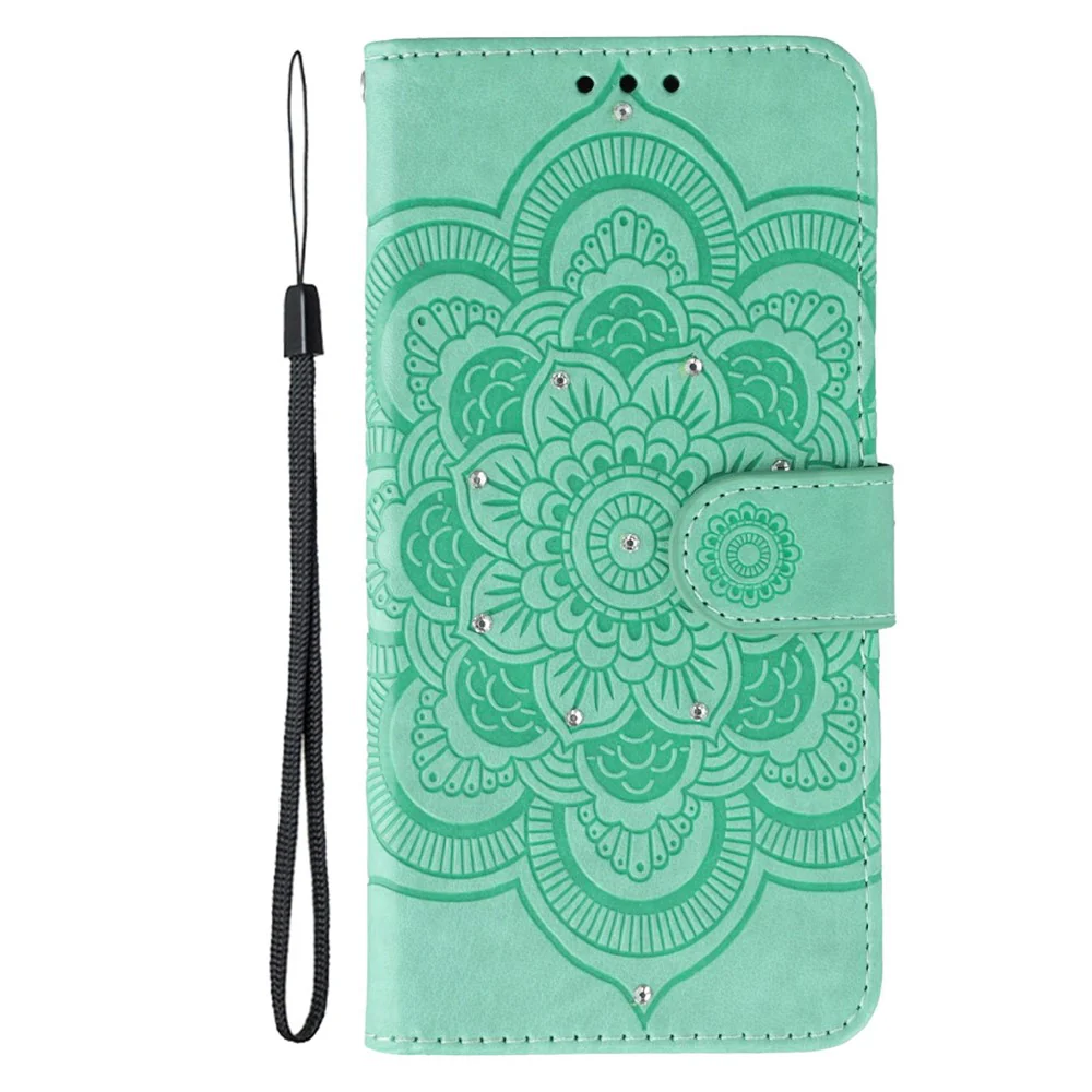 For Oppo Reno14 Pro 5G (Global) Case Rhinestone Decor PU Leather Mandala Imprinted Design Phone Cover with Wrist Strap - Green - Image 4