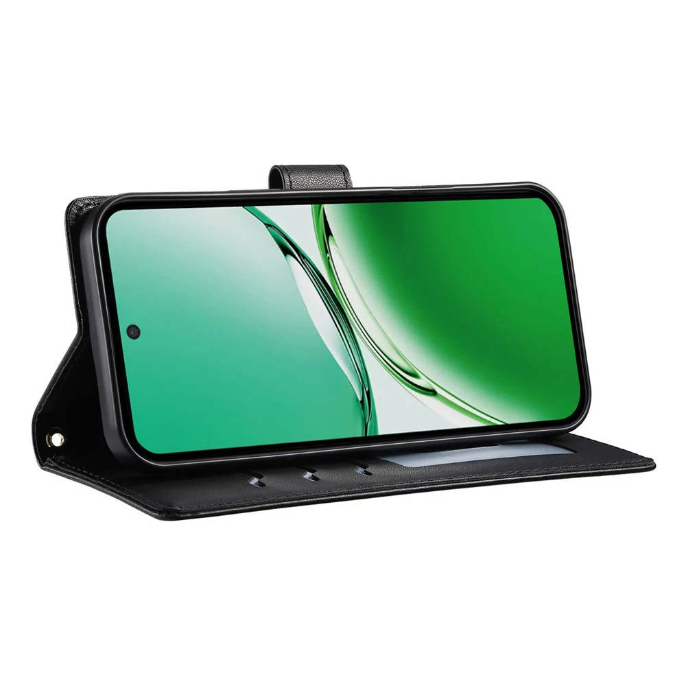 For Oppo Reno14 Pro 5G (Global) Case Rhombus Stitching Wallet Stand Leather Phone Cover with Long / Short Strap - Black - Image 3
