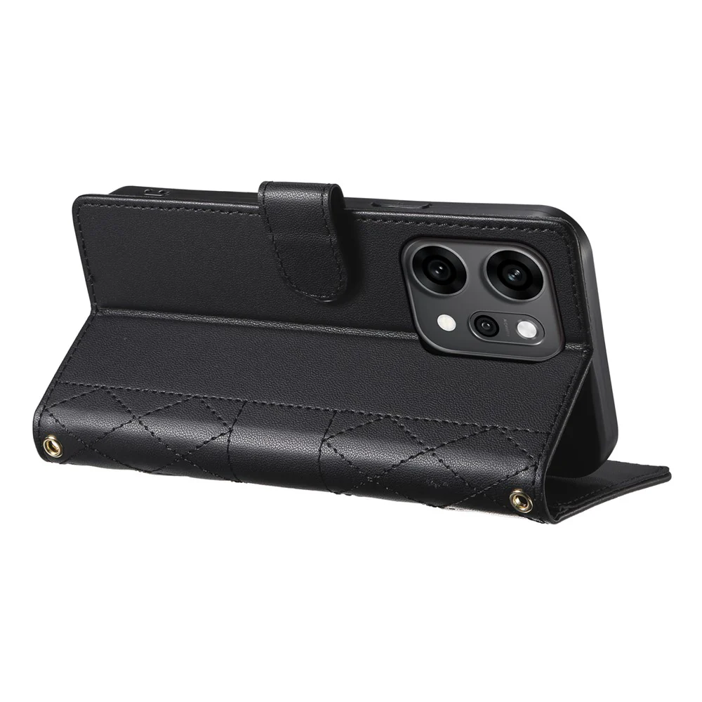 For Oppo Reno14 Pro 5G (Global) Case Rhombus Stitching Wallet Stand Leather Phone Cover with Long / Short Strap - Black - Image 4
