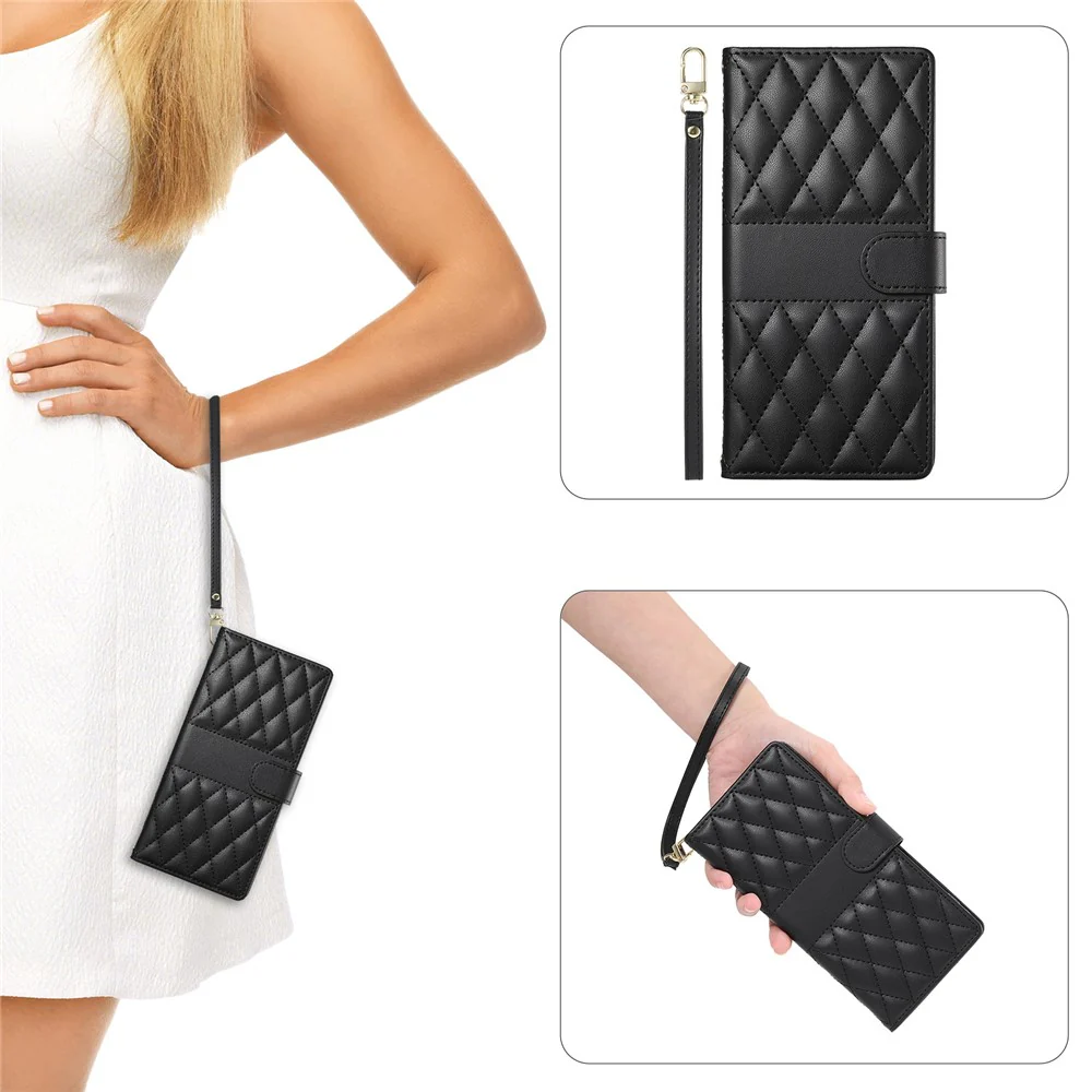 For Oppo Reno14 Pro 5G (Global) Case Rhombus Stitching Wallet Stand Leather Phone Cover with Long / Short Strap - Black - Image 7