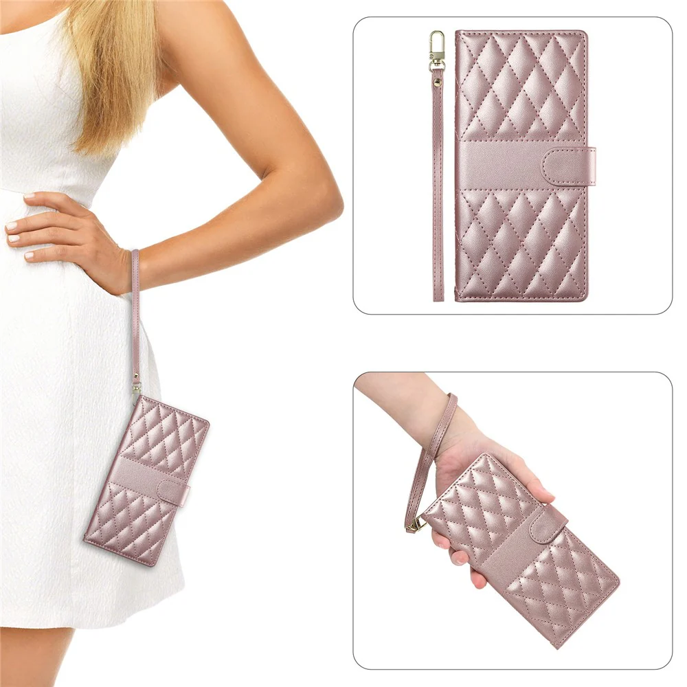 For Oppo Reno14 Pro 5G (Global) Case Rhombus Stitching Wallet Stand Leather Phone Cover with Long / Short Strap - Rose Gold - Image 7