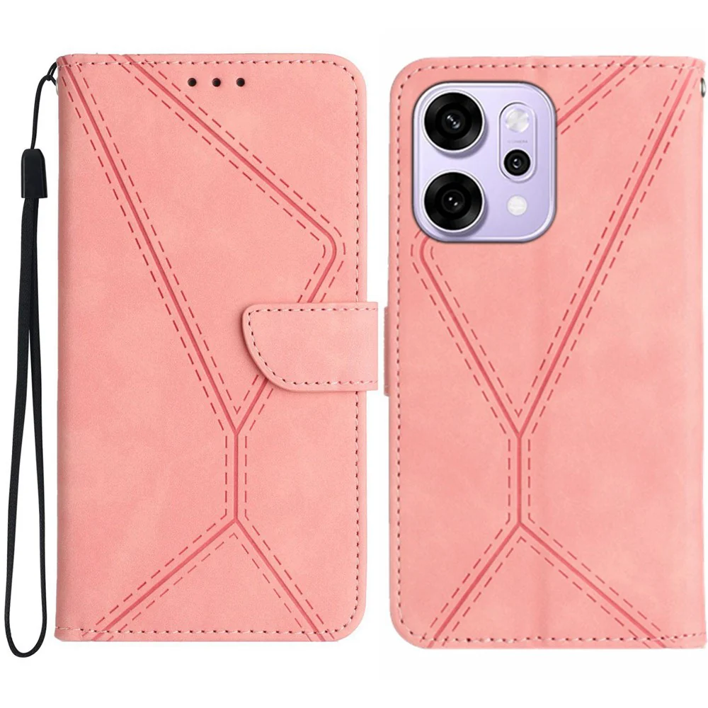 For Oppo Reno14 Pro 5G (Global) Case Skin Touch Lines Imprinted PU Leather Flip Phone Cover - Pink