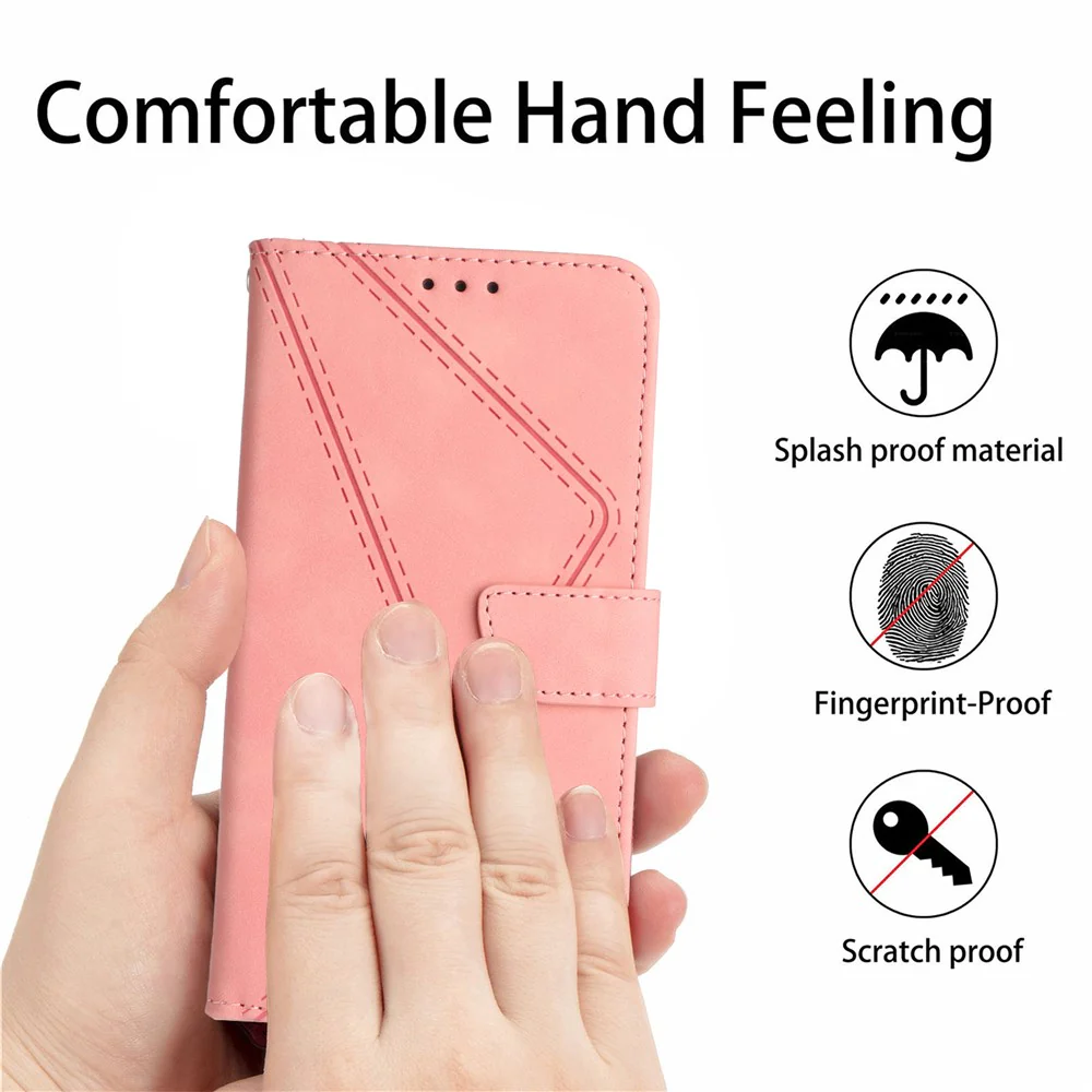 For Oppo Reno14 Pro 5G (Global) Case Skin Touch Lines Imprinted PU Leather Flip Phone Cover - Pink - Image 5