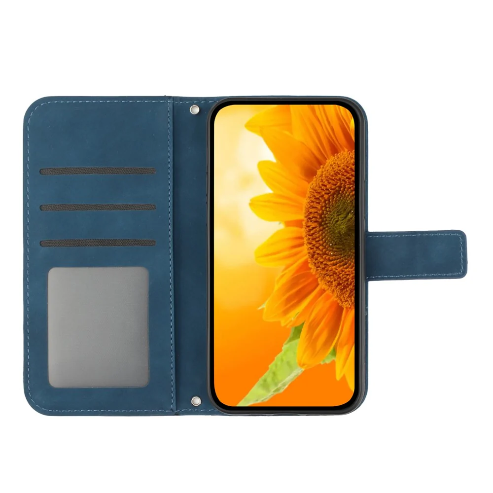 For Oppo Reno14 Pro 5G (Global) Case Sunflower Imprint Leather Wallet Phone Cover with Wrist Strap - Dark Blue - Image 2