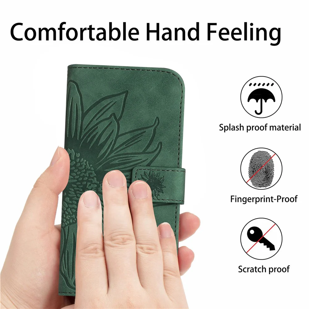 For Oppo Reno14 Pro 5G (Global) Case Sunflower Imprint Leather Wallet Phone Cover with Wrist Strap - Dark Green - Image 4