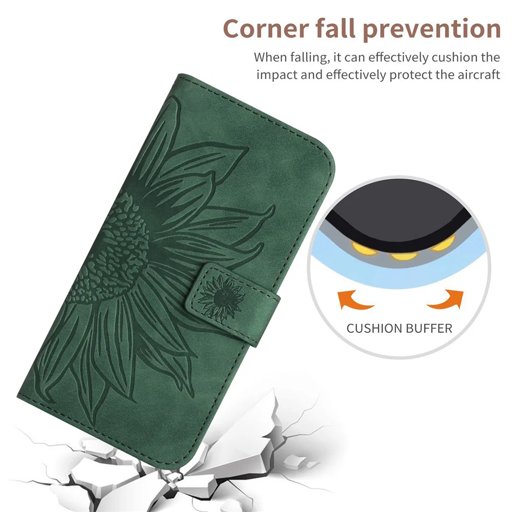 For Oppo Reno14 Pro 5G (Global) Case Sunflower Imprint Leather Wallet Phone Cover with Wrist Strap - Dark Green - Image 5
