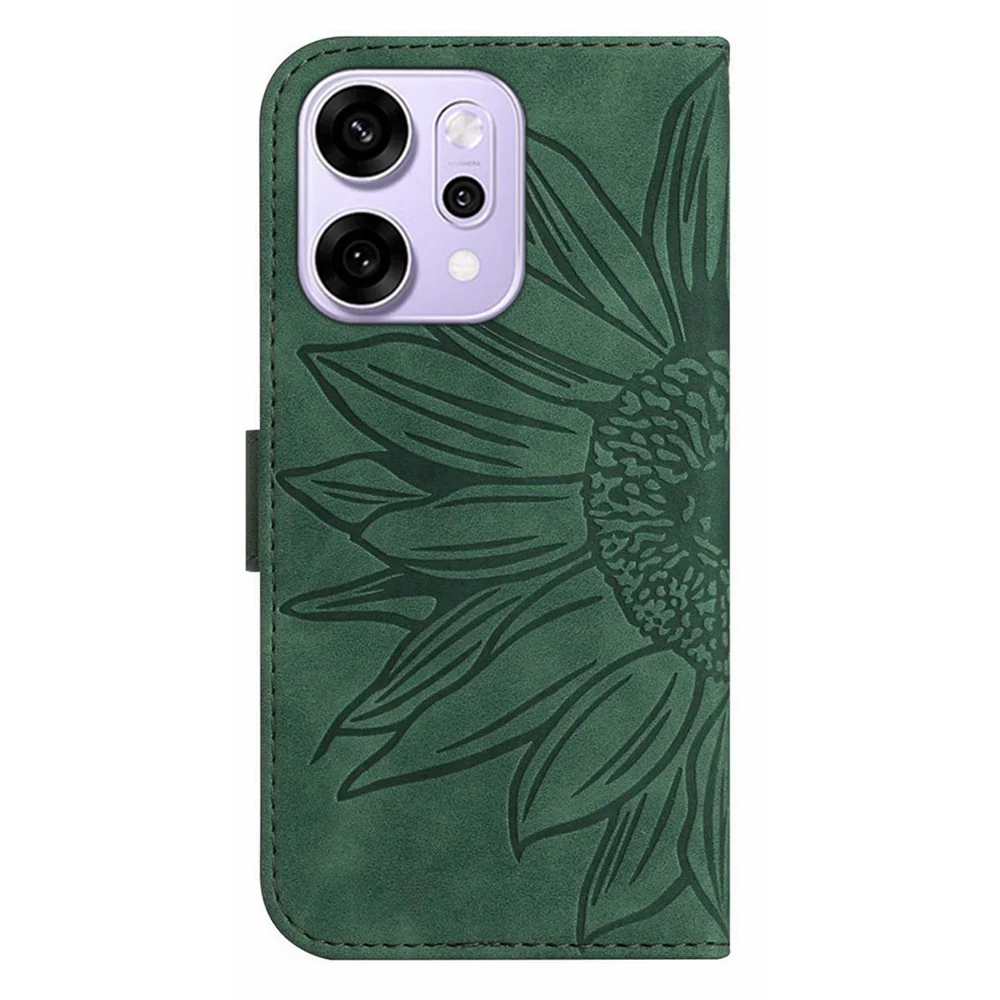 For Oppo Reno14 Pro 5G (Global) Case Sunflower Imprint Leather Wallet Phone Cover with Wrist Strap - Dark Green - Image 7