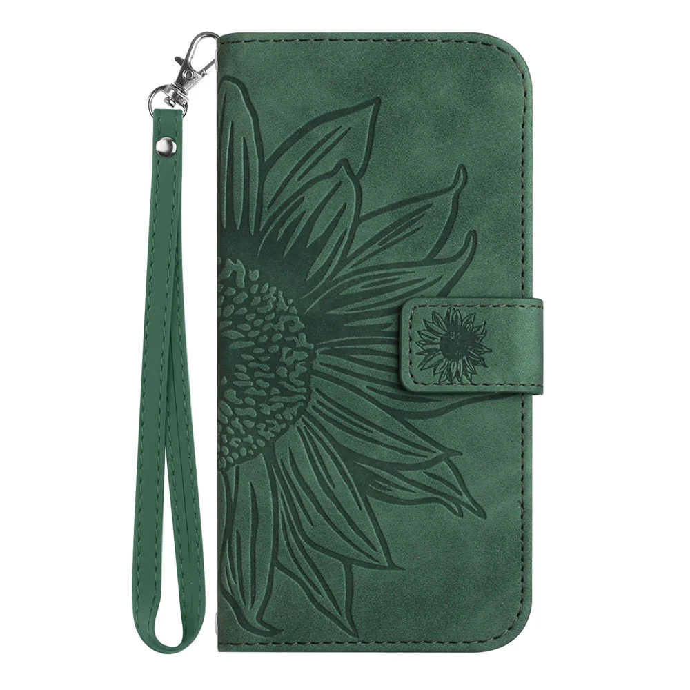 For Oppo Reno14 Pro 5G (Global) Case Sunflower Imprint Leather Wallet Phone Cover with Wrist Strap - Dark Green - Image 8