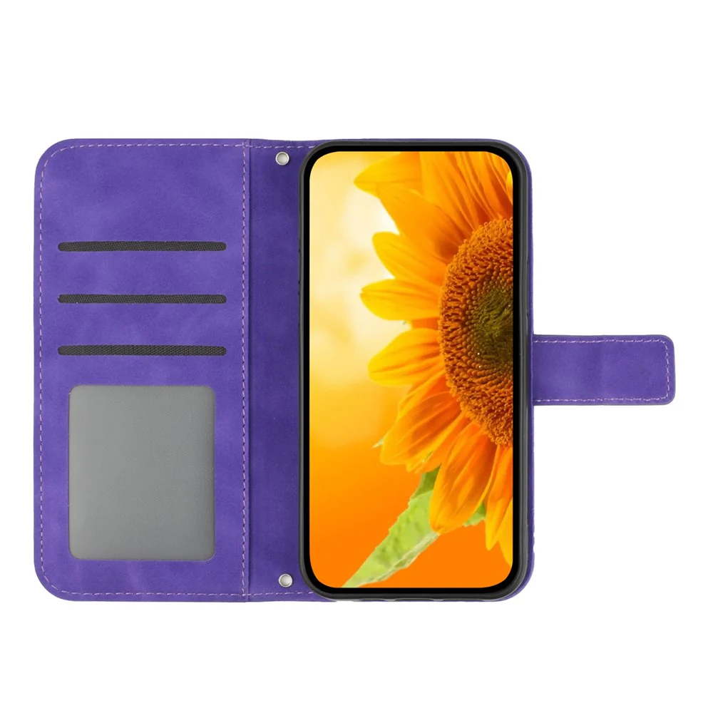 For Oppo Reno14 Pro 5G (Global) Case Sunflower Imprint Leather Wallet Phone Cover with Wrist Strap - Dark Purple - Image 2
