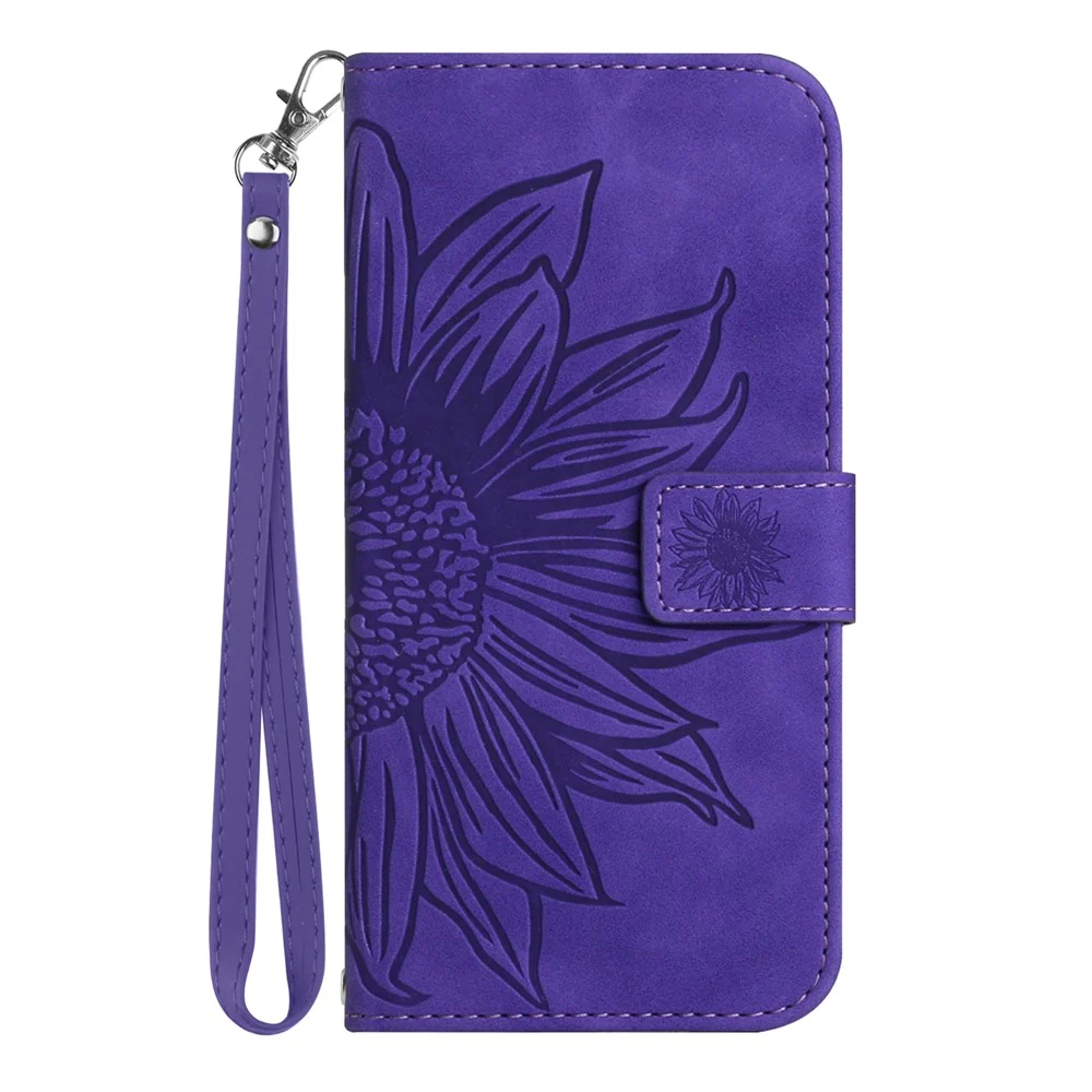 For Oppo Reno14 Pro 5G (Global) Case Sunflower Imprint Leather Wallet Phone Cover with Wrist Strap - Dark Purple - Image 8