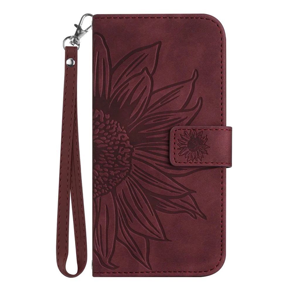 For Oppo Reno14 Pro 5G (Global) Case Sunflower Imprint Leather Wallet Phone Cover with Wrist Strap - Wine Red - Image 8