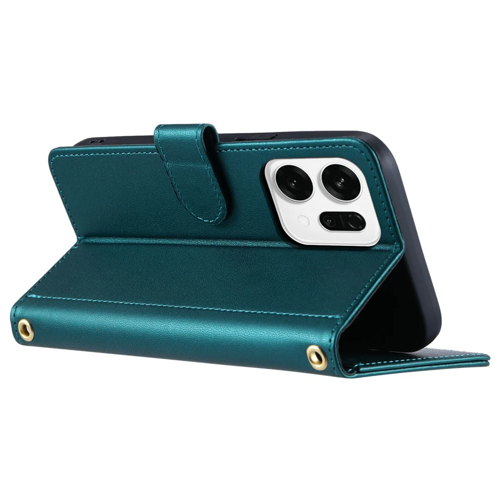 For Oppo Reno14 Pro 5G (Global) Case Wallet Rhombus Grid PU Leather Phone Cover with Shoulder Strap / Wrist Strap - Green - Image 3