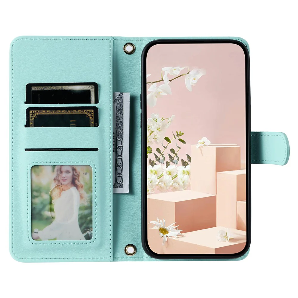 For Oppo Reno14 Pro 5G (Global) Case Wallet Rhombus Grid PU Leather Phone Cover with Shoulder Strap / Wrist Strap - Mint Green - Image 2