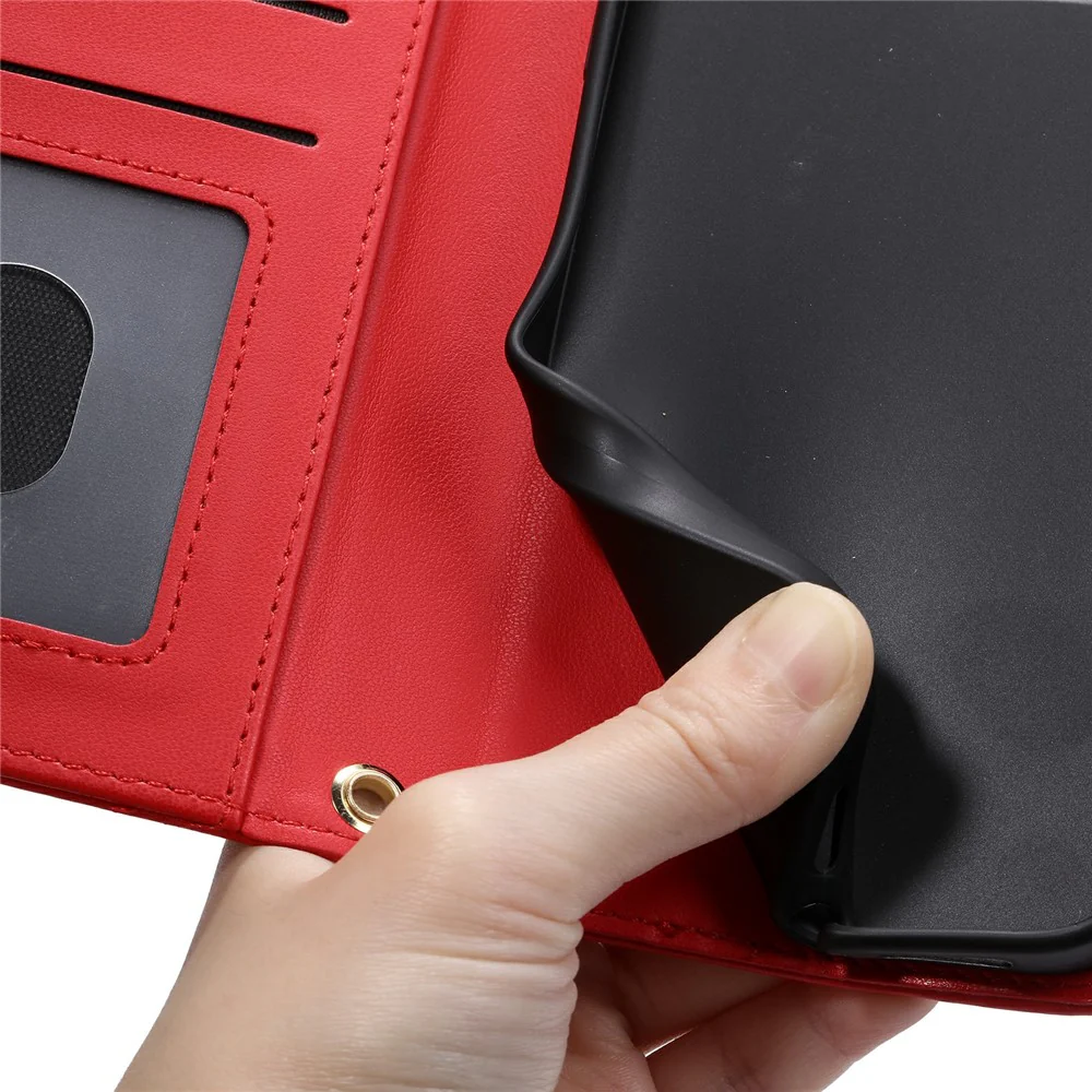 For Oppo Reno14 Pro 5G (Global) Case Wallet Rhombus Grid PU Leather Phone Cover with Shoulder Strap / Wrist Strap - Red - Image 5