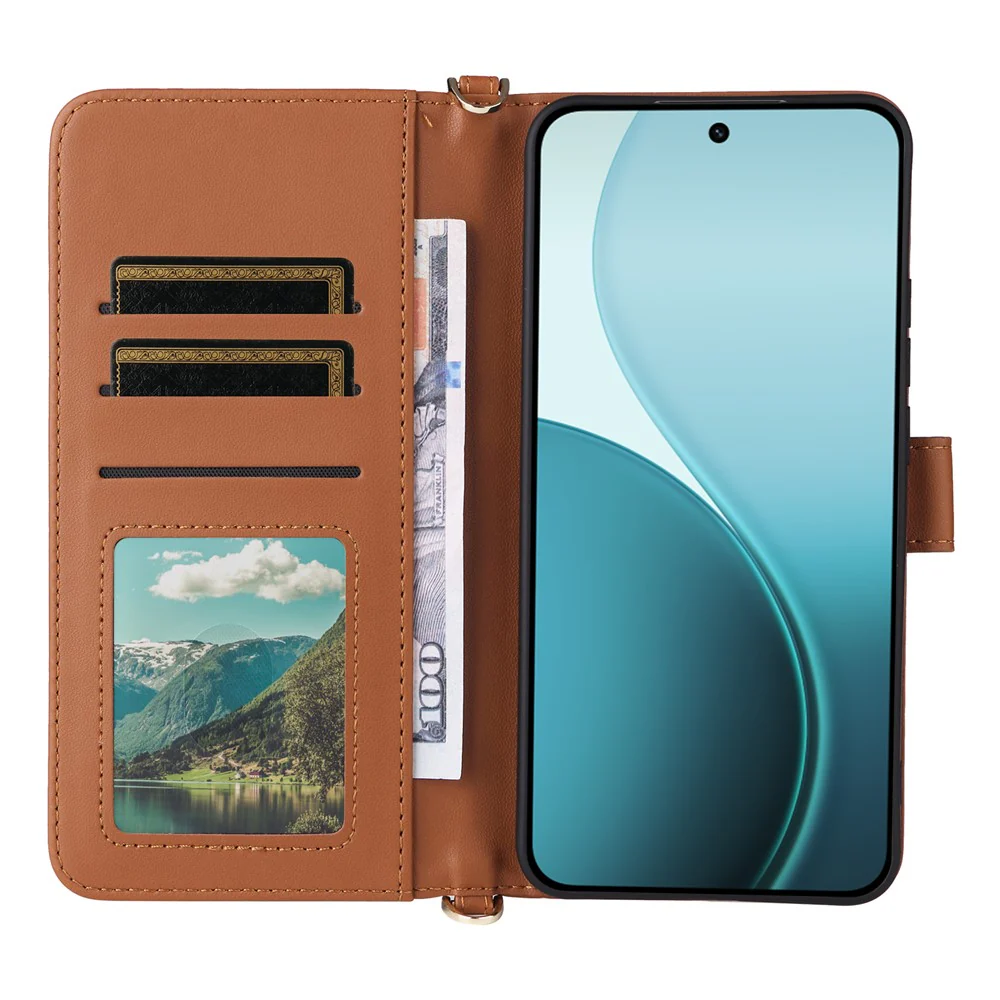 For Oppo Reno14 Pro 5G (Global) Case with Shoulder / Wrist Strap Leather Phone Cover Stand Wallet - Brown - Image 3