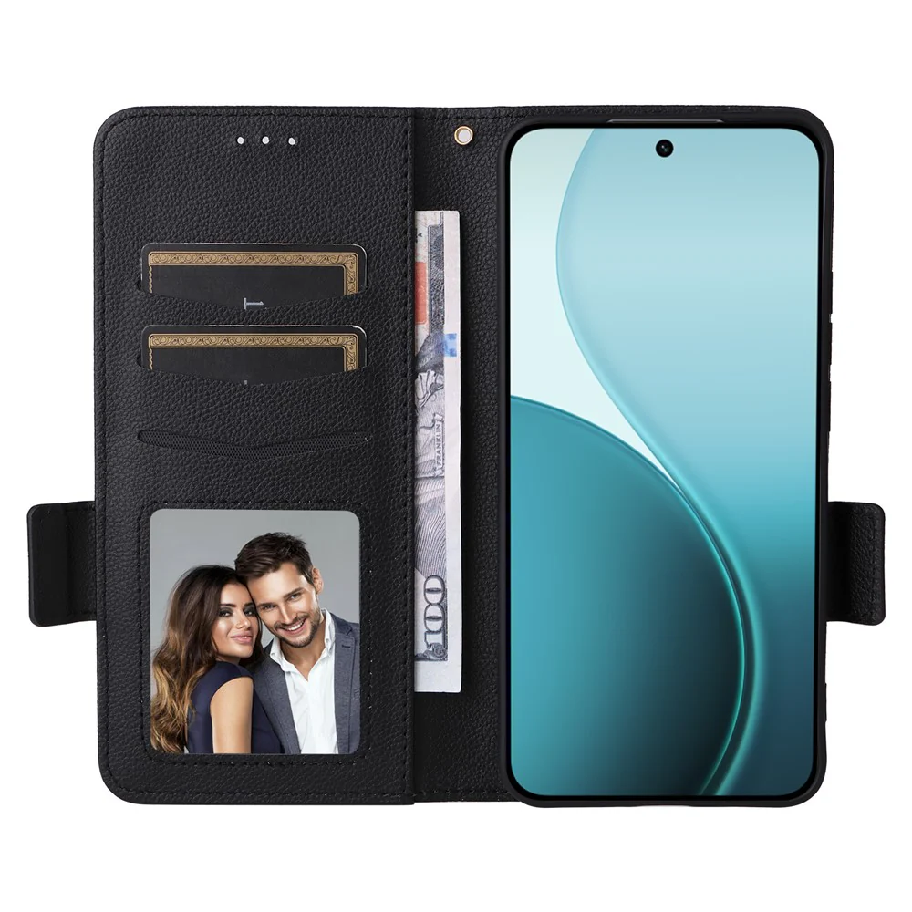 For Oppo Reno14 Pro 5G (Global) Case with Wrist Strap Litchi Texture PU Leather Wallet Phone Cover - Black - Image 2
