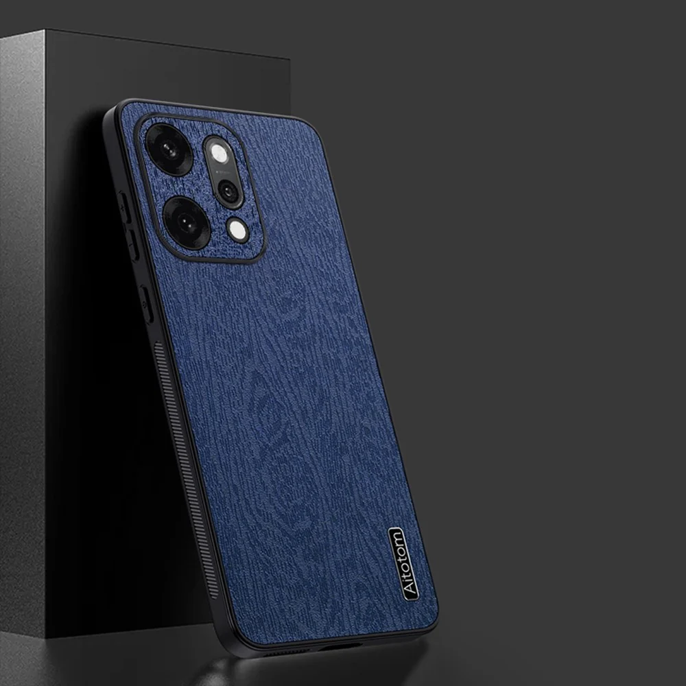 For Oppo Reno14 Pro 5G (Global) Case Wood Texture PU Leather Coated PC TPU Phone Cover - Blue - Image 2