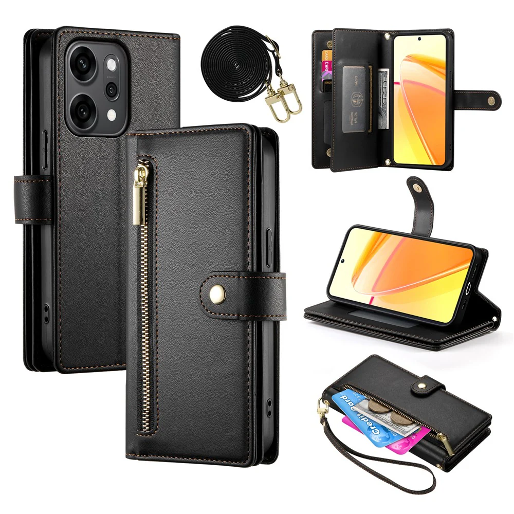 For Oppo Reno14 Pro 5G (Global) Case Zipper Pocket Wallet Leather Phone Cover with Straps - Black