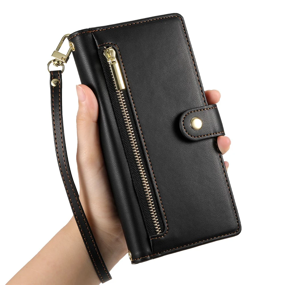 For Oppo Reno14 Pro 5G (Global) Case Zipper Pocket Wallet Leather Phone Cover with Straps - Black - Image 6