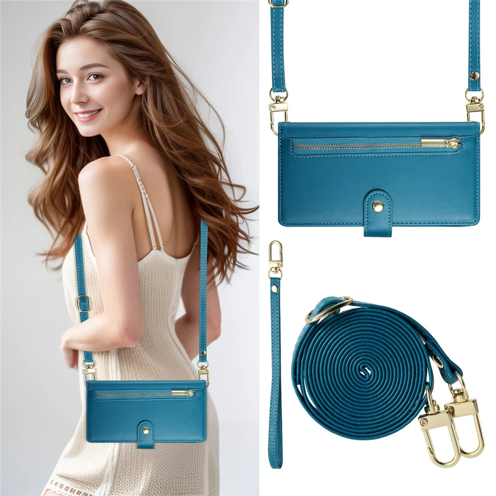 For Oppo Reno14 Pro 5G (Global) Case Zipper Pocket Wallet Leather Phone Cover with Straps - Blue - Image 8
