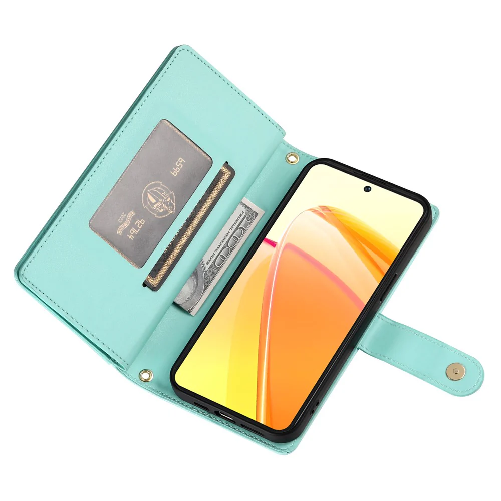 For Oppo Reno14 Pro 5G (Global) Case Zipper Pocket Wallet Leather Phone Cover with Straps - Mint Green - Image 3