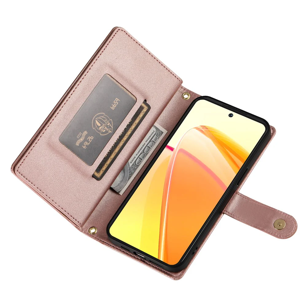 For Oppo Reno14 Pro 5G (Global) Case Zipper Pocket Wallet Leather Phone Cover with Straps - Pink - Image 3