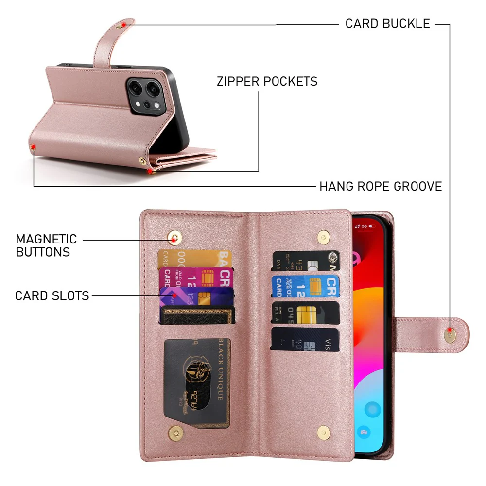 For Oppo Reno14 Pro 5G (Global) Case Zipper Pocket Wallet Leather Phone Cover with Straps - Pink - Image 4