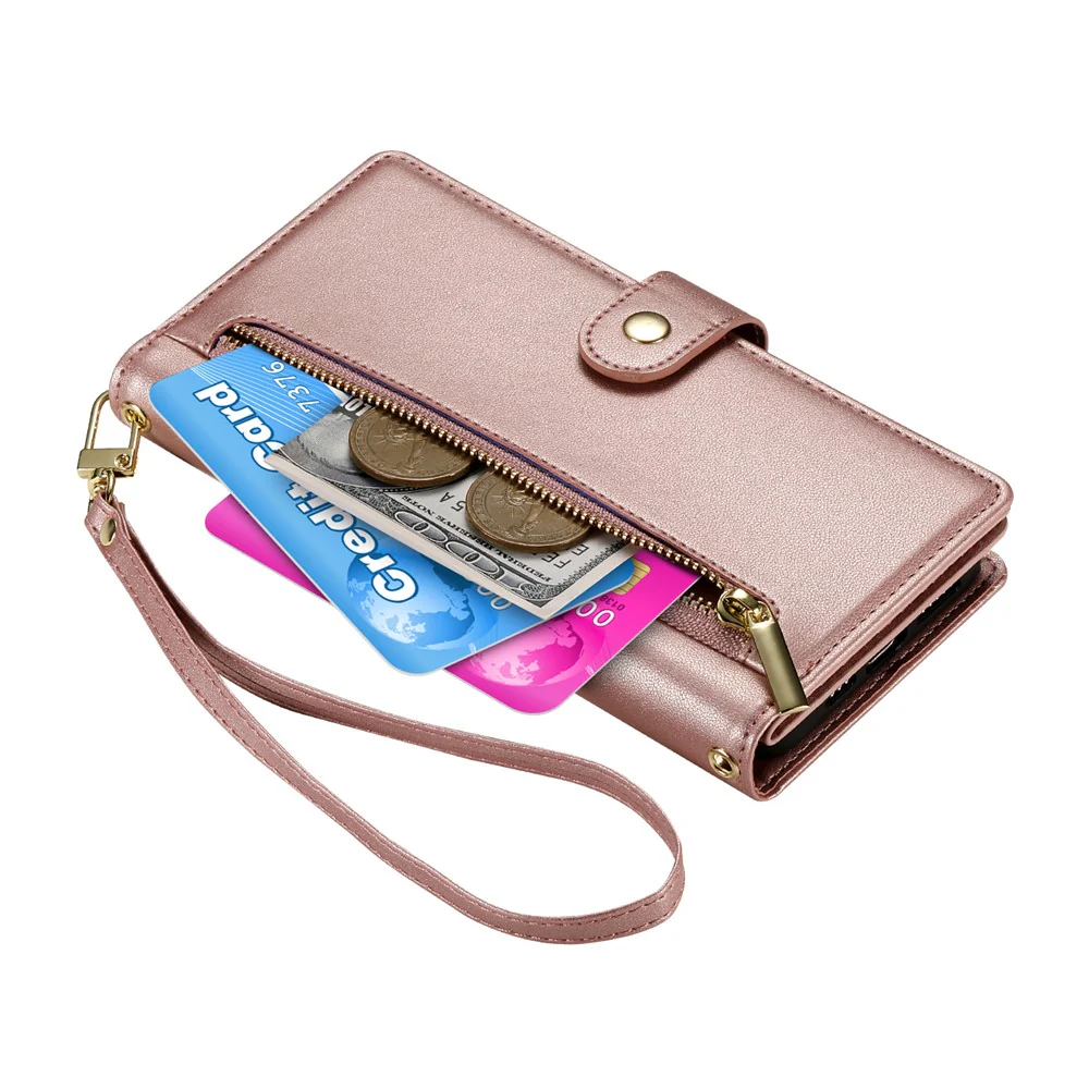 For Oppo Reno14 Pro 5G (Global) Case Zipper Pocket Wallet Leather Phone Cover with Straps - Pink - Image 5