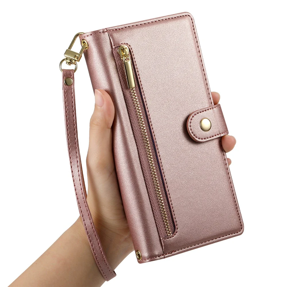 For Oppo Reno14 Pro 5G (Global) Case Zipper Pocket Wallet Leather Phone Cover with Straps - Pink - Image 6