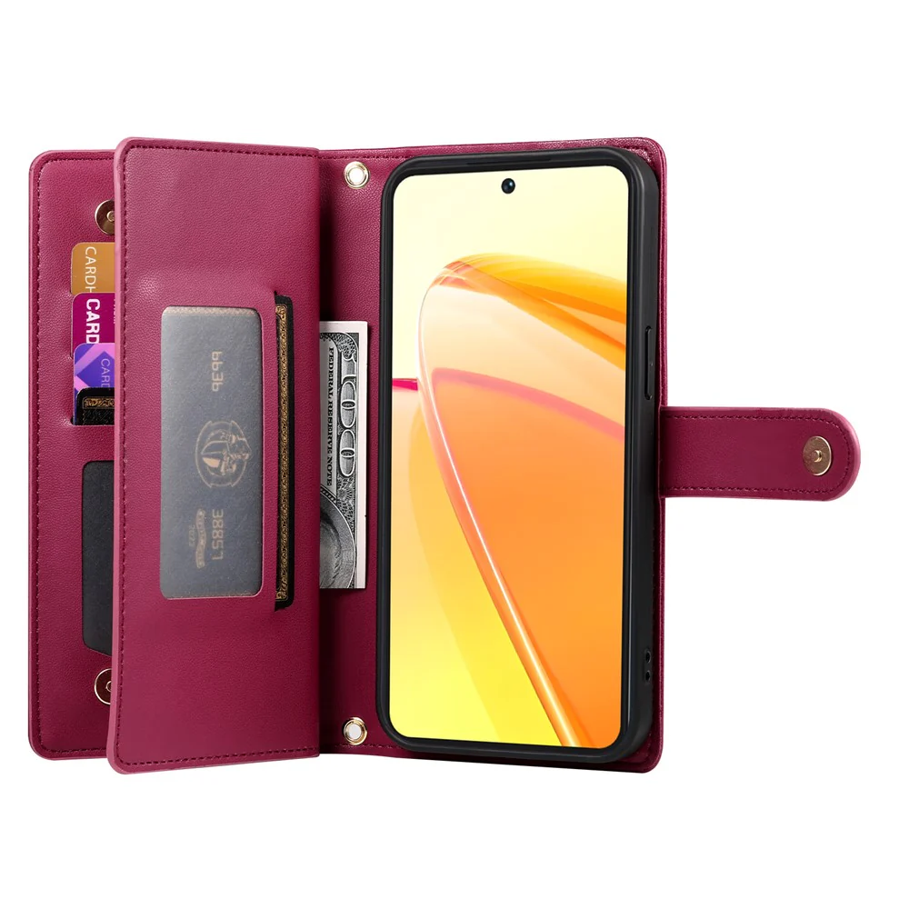 For Oppo Reno14 Pro 5G (Global) Case Zipper Pocket Wallet Leather Phone Cover with Straps - Red - Image 2