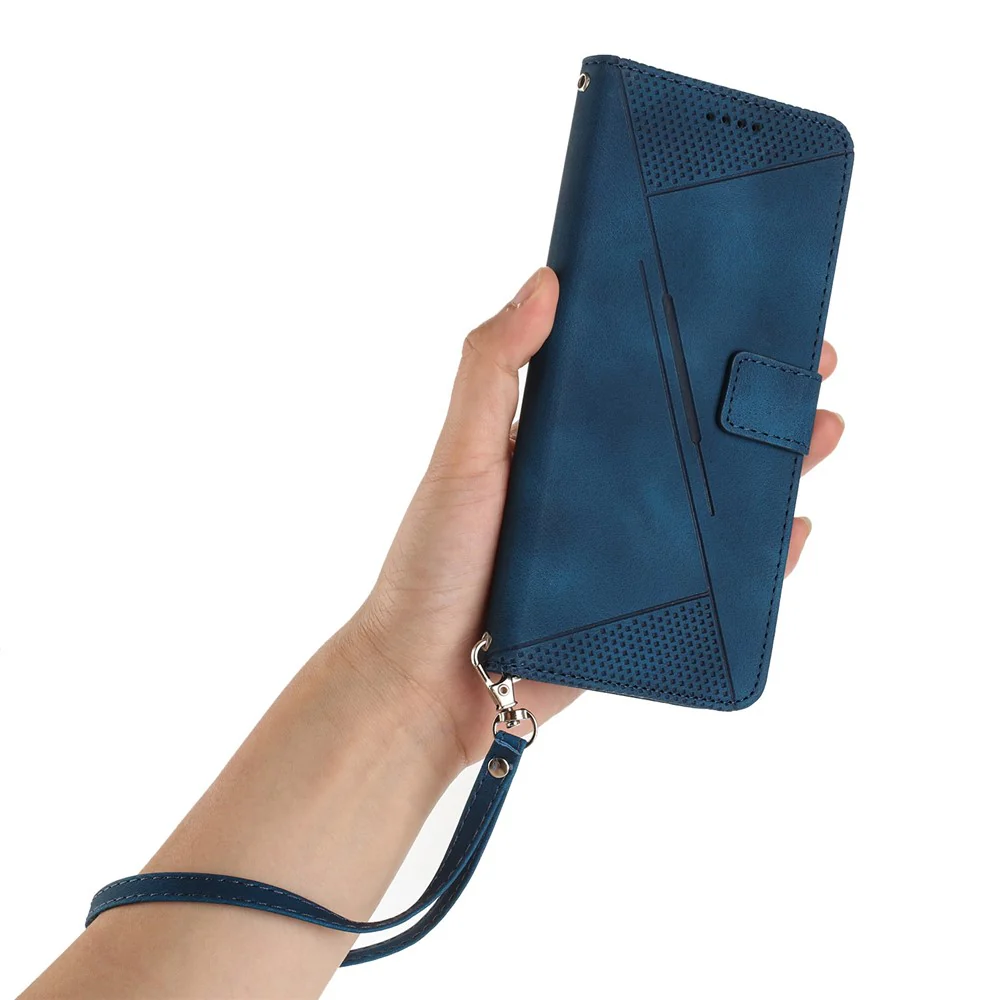 For Oppo Reno14 Pro 5G (Global) Leather Case Imprinted Triangle Phone Cover with Hand Strap - Blue - Image 4