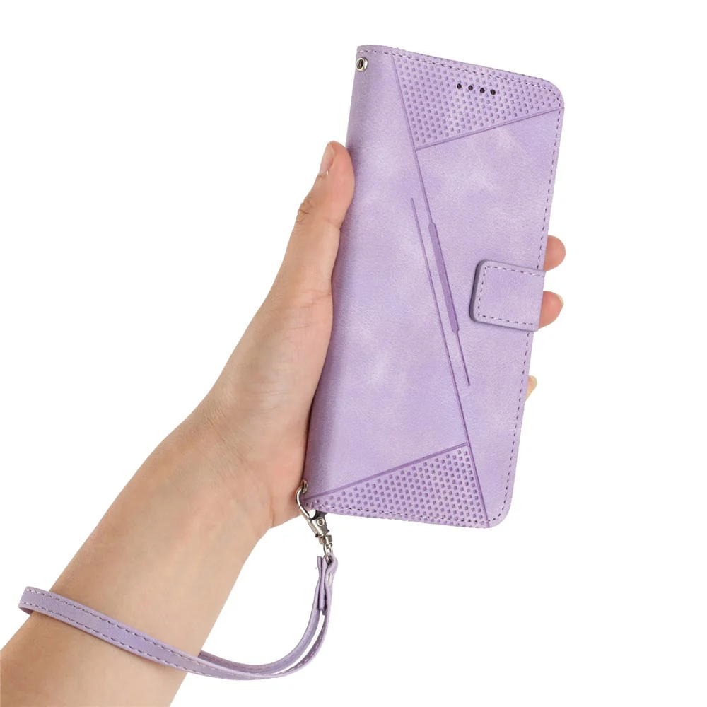 For Oppo Reno14 Pro 5G (Global) Leather Case Imprinted Triangle Phone Cover with Hand Strap - Purple - Image 4