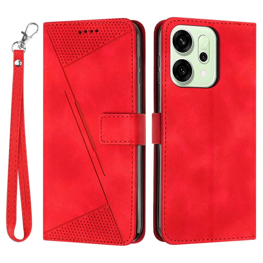 For Oppo Reno14 Pro 5G (Global) Leather Case Imprinted Triangle Phone Cover with Hand Strap - Red