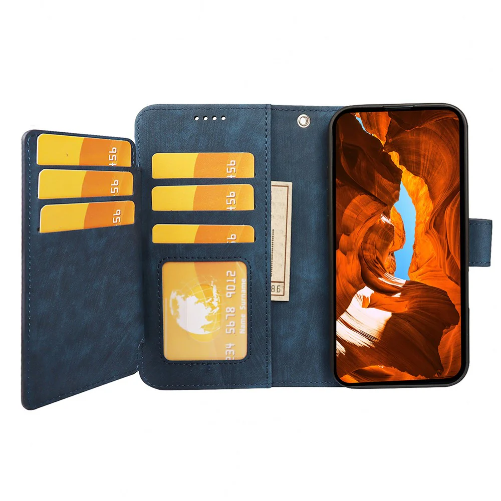 For Oppo Reno14 Pro 5G (Global) Leather Case Line Pattern Wallet Phone Cover with 9 Card Slots - Blue - Image 3